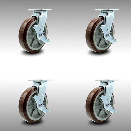 Service Caster 8 Inch SS Polyurethane Caster Set with Roller Bearings and Brake/Swivel Lock SCC SCC-SS30S820-PPUR-TLB-BSL-4